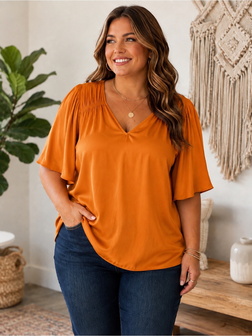 Tahari Orange Satin V-Neck Flutter Sleeve Blouse Top Size 1X NWT